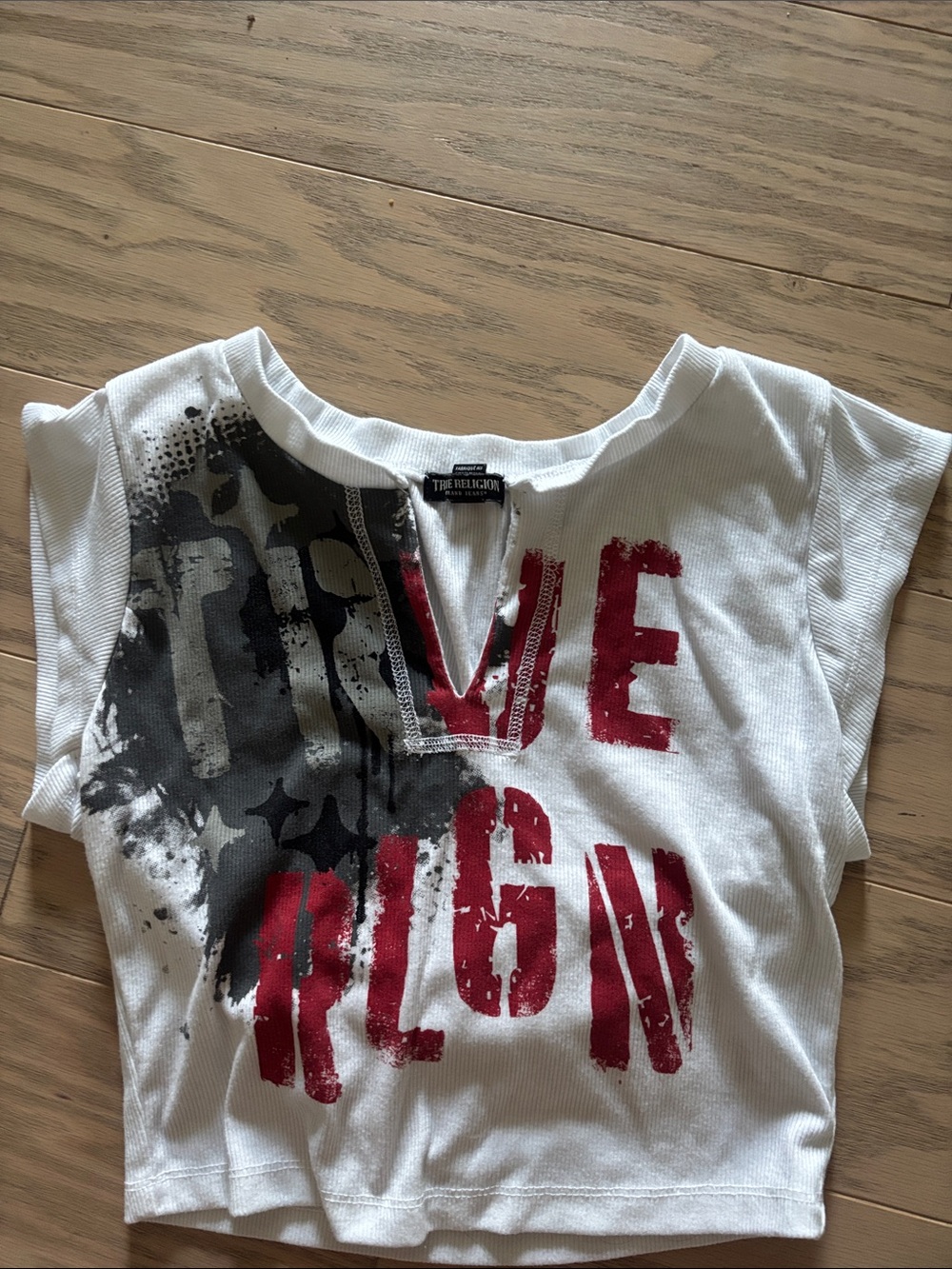True Religion White Crop Top with Red & Black Graphic